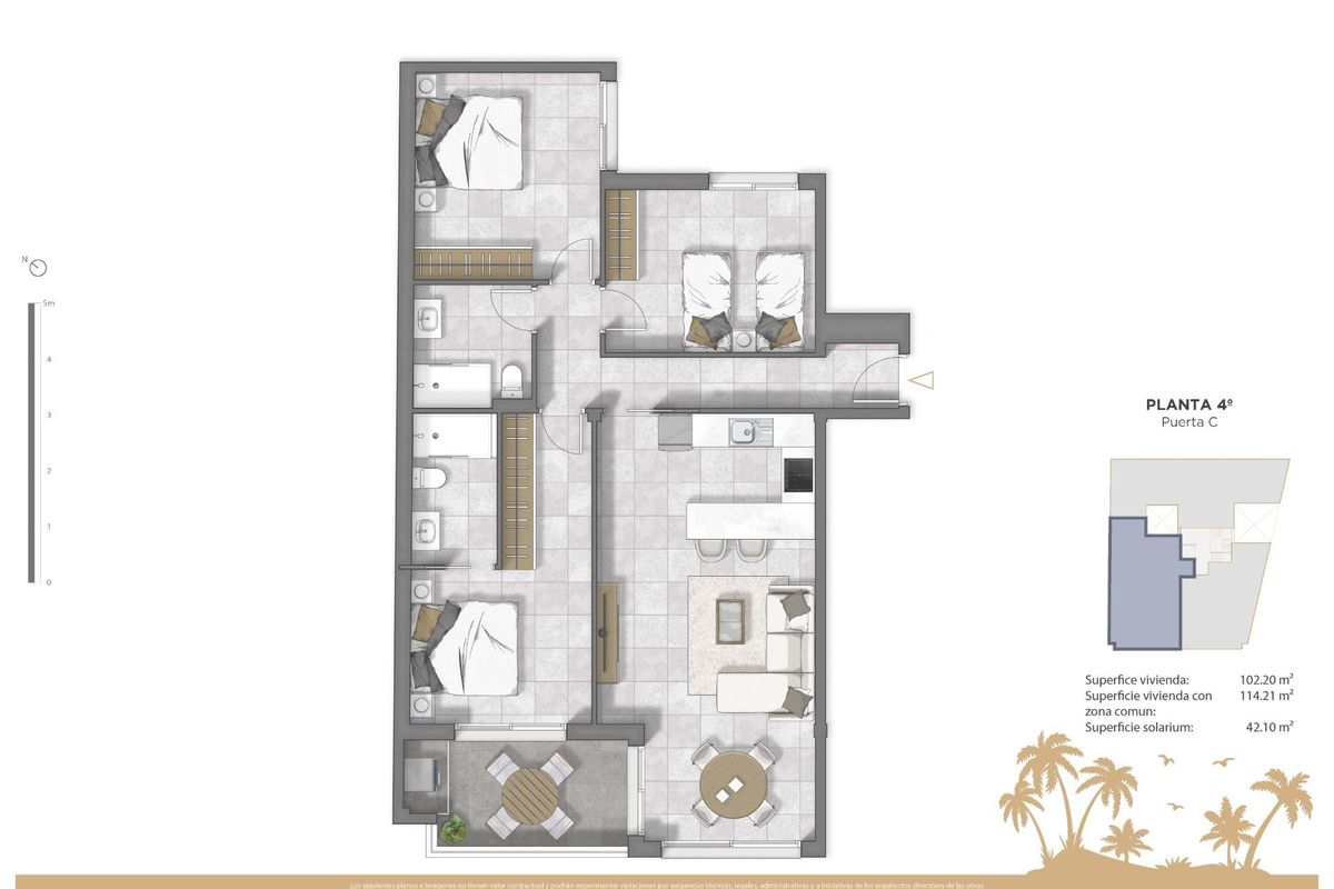 Plattegrond van een 2-slaapkamer penthouse in Guardamar del Segura, met ruime woonruimtes.