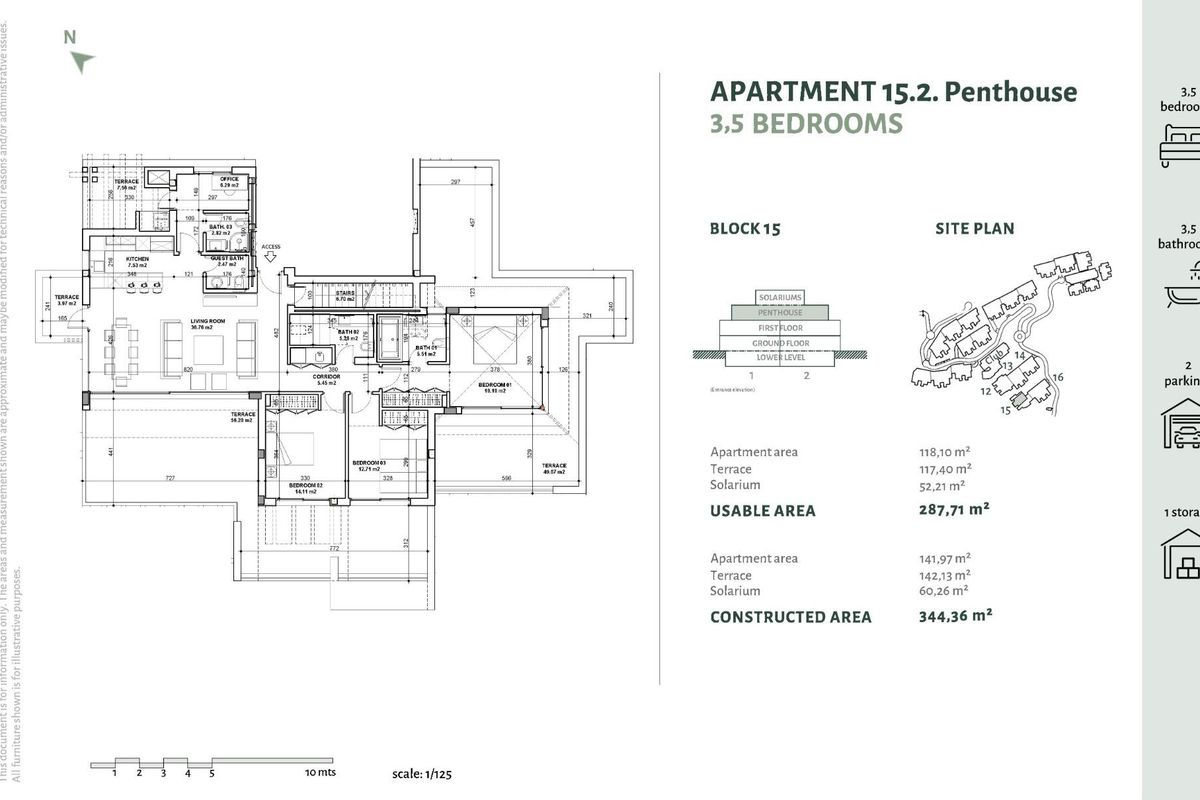 Plattegrond van een 3-slaapkamer penthouse in Benahavís, met details van indeling en ruimteverdeling voor modern wonen.