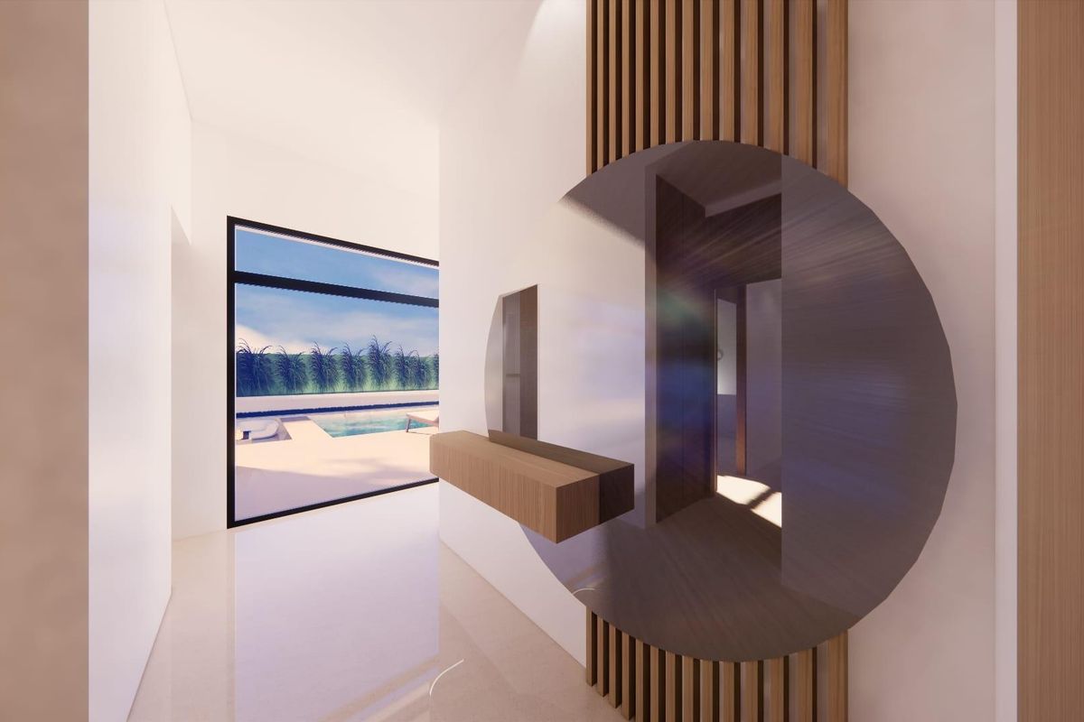 Een ander perspectief van de entree met uitzicht op het zwembad in een moderne villa in Pilar de La Horadada.