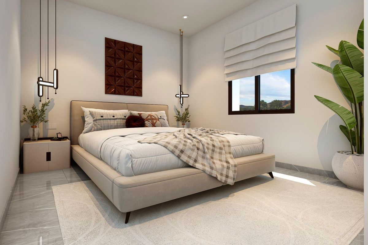 Gezellige slaapkamer in de 3-slaapkamer villa in La Marina, met een comfortabel bed en smakelijke decoratie.