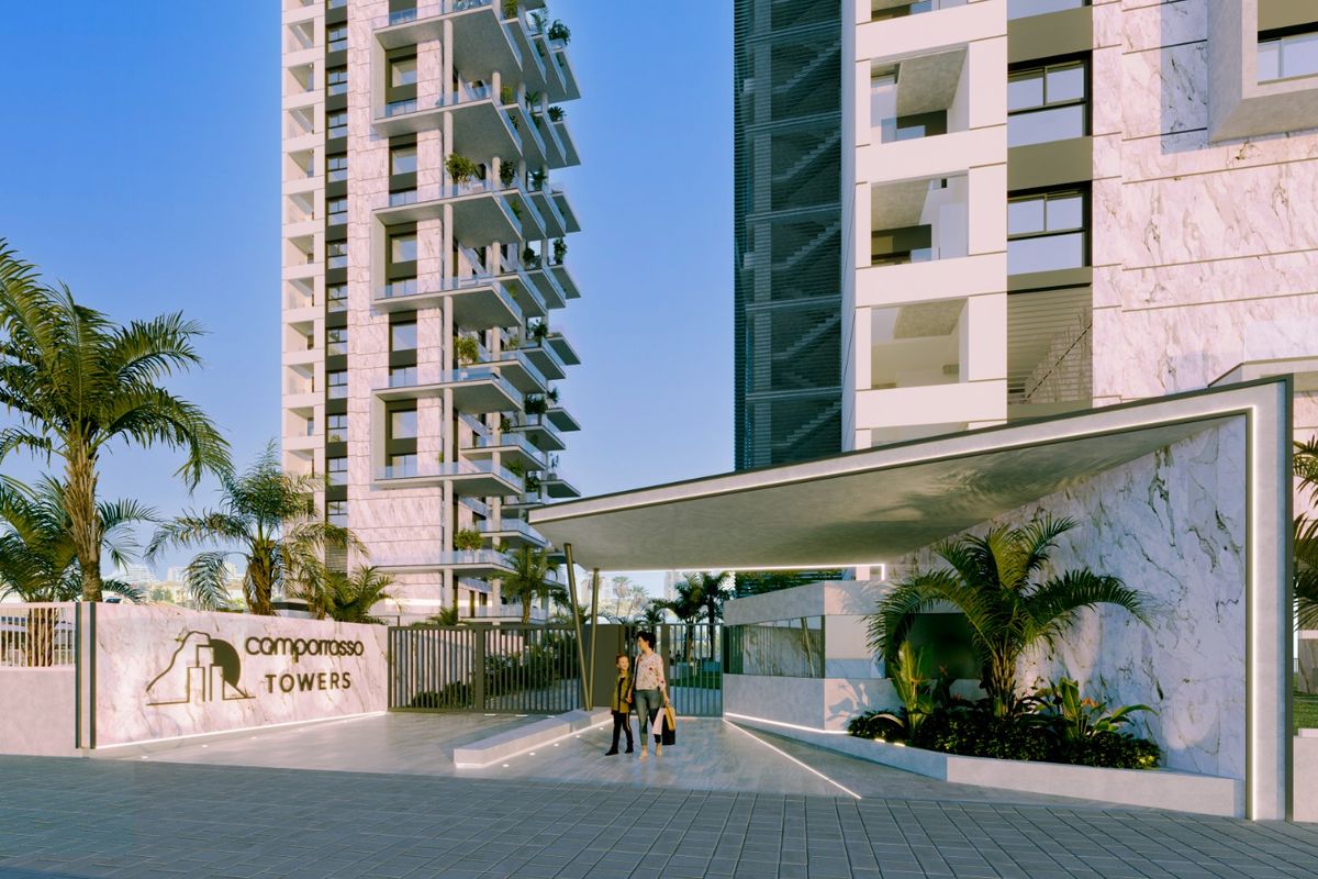 Ingang naar Comporosso Towers met hedendaagse architectuur in Calpe, Costa Blanca.