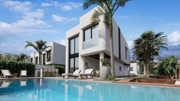 Moderne 4-slaapkamer villa in Alfas del Pi, Costa Blanca Noord met een zwembad en een weelderige tuin.