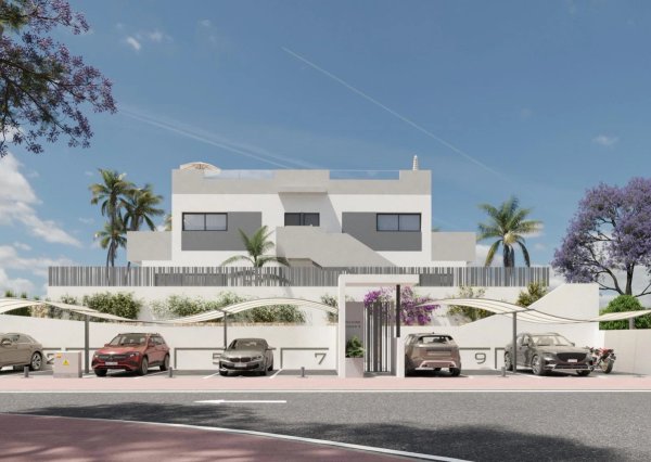 Moderne buitenaanzicht van een 2-slaapkamer bungalow in Torrevieja, Costa Blanca Zuid, met een schoon ontwerp.
