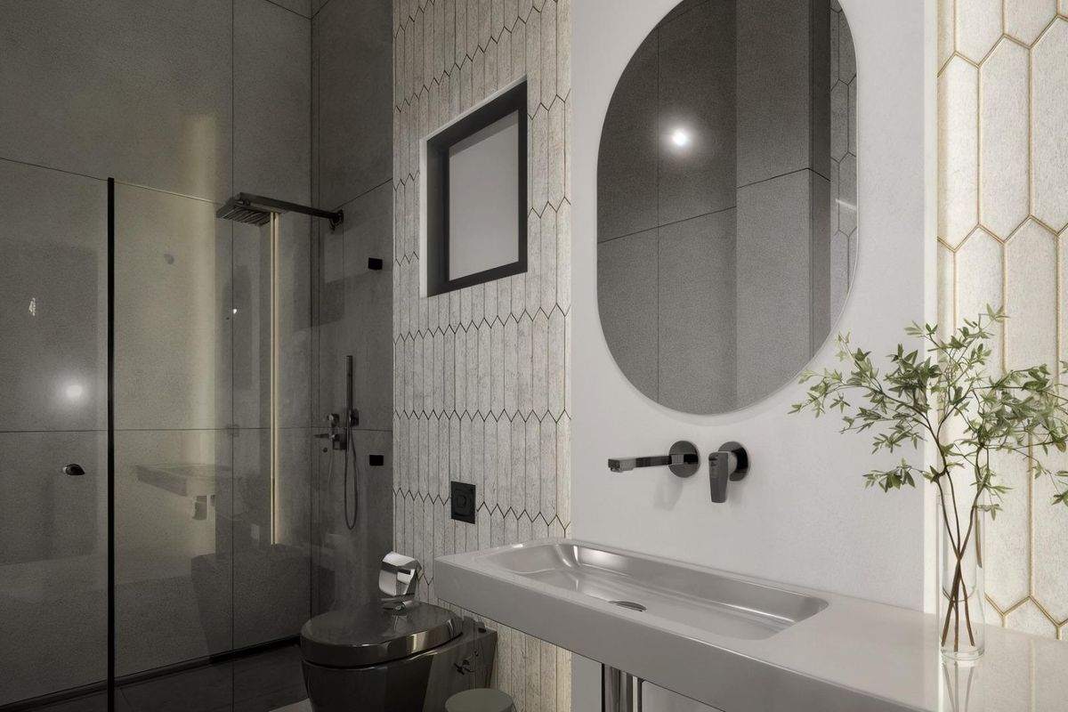 Moderne badkamer met een stijlvolle wastafel en douche in een 3-slaapkamer villa, Los Montesinos, Spanje.