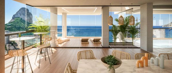 Luxueuze woonkamer met prachtig uitzicht op zee in een 3-slaapkamer appartement in Calpe, Costa Blanca Noord.