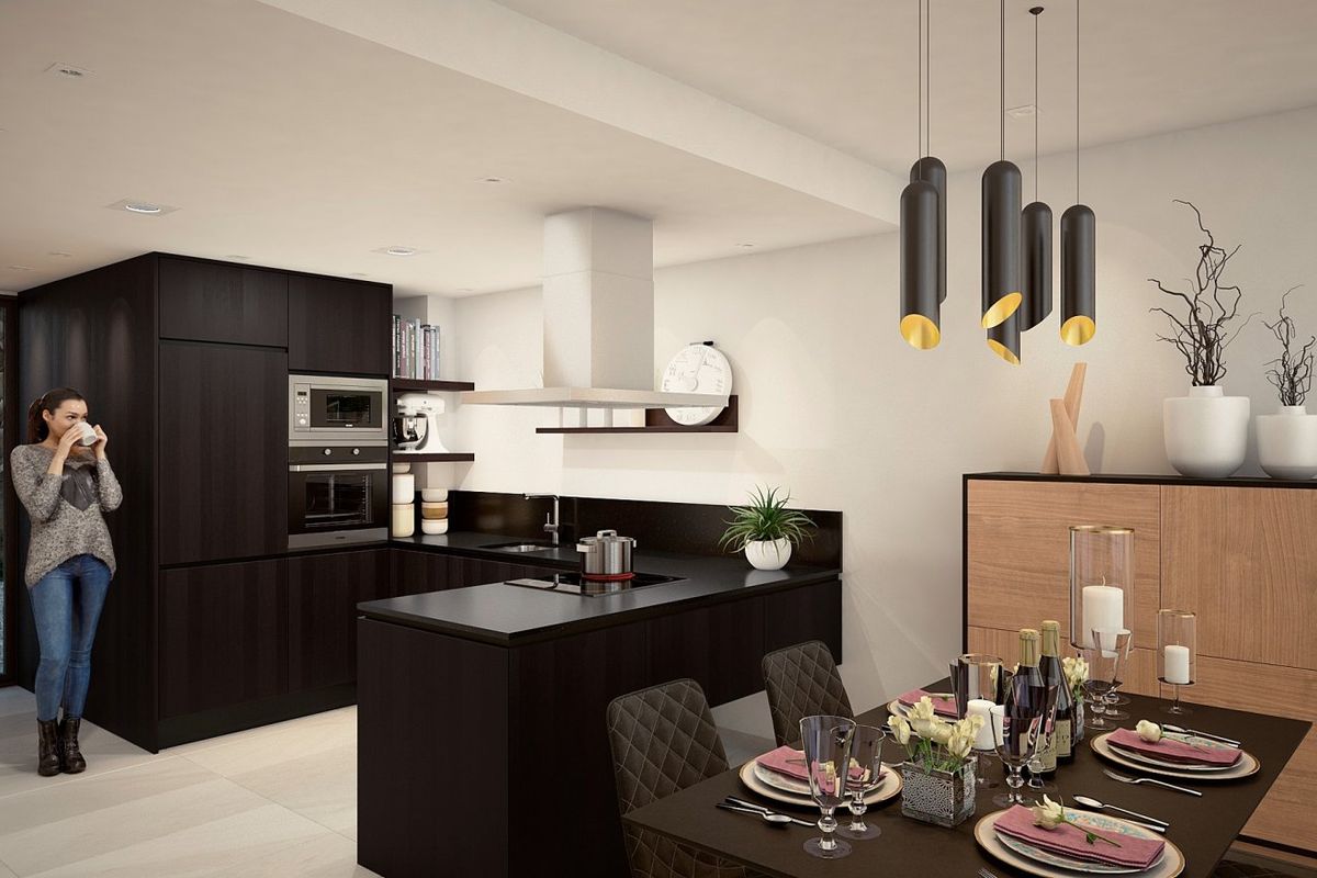 Moderne keuken met eetgedeelte in een 3-slaapkamer townhouse in Algorfa, Costa Blanca Zuid, Spanje.