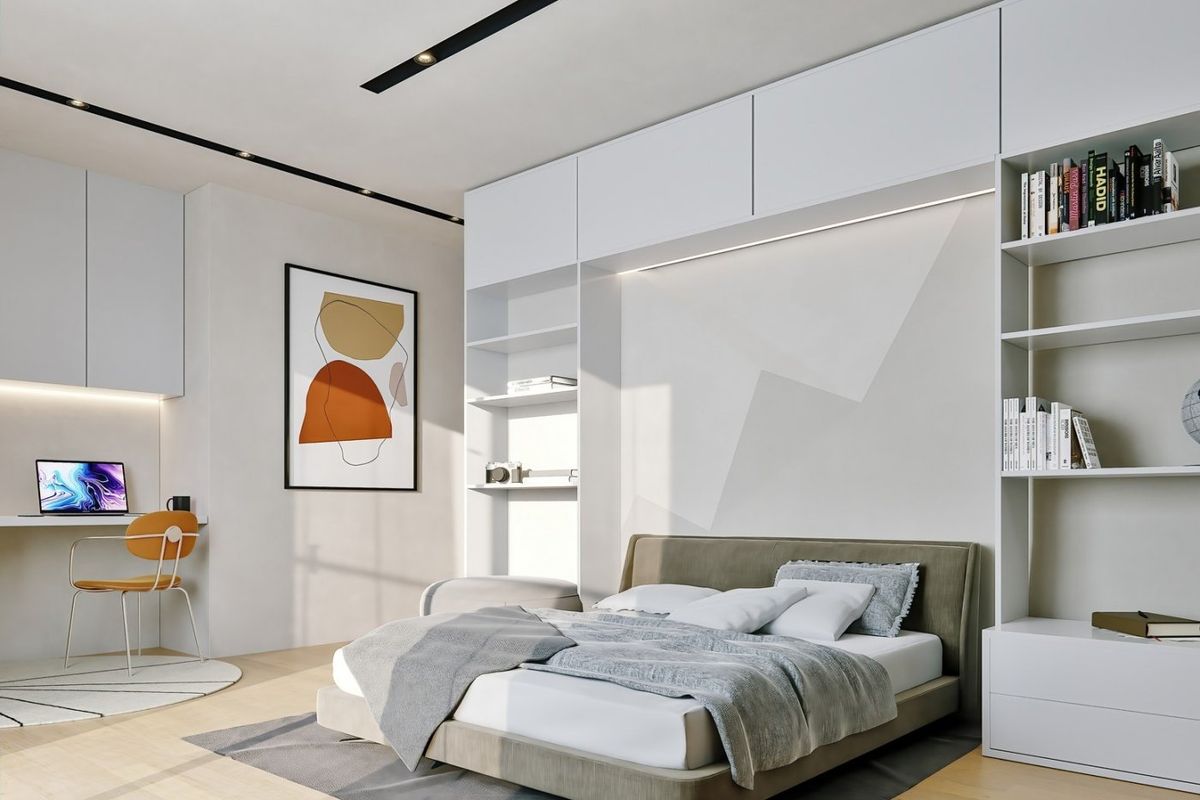 Heldere slaapkamer met moderne meubels en uitzicht op de natuur in een villa in Finestrat.