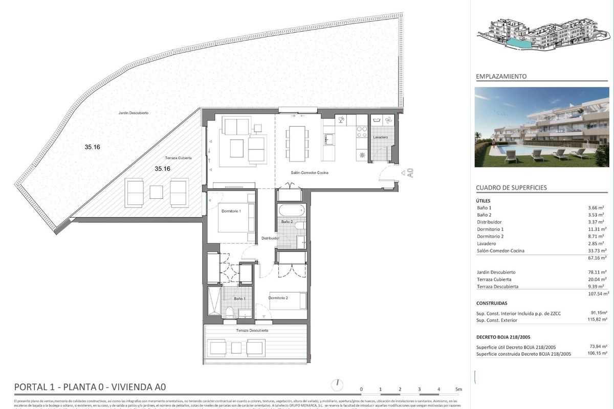 Plattegrond van een 2-slaapkamer appartement op de begane grond, die indeling en kamergroottes in Estepona toont.