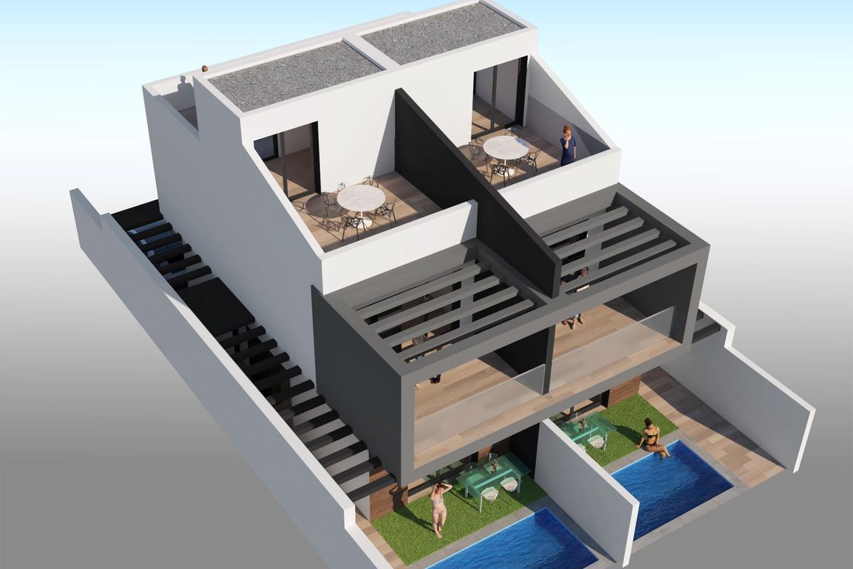 3D-vloerplan van een modern townhouse in San Javier, dat de indeling en de verbinding tussen ruimtes toont.