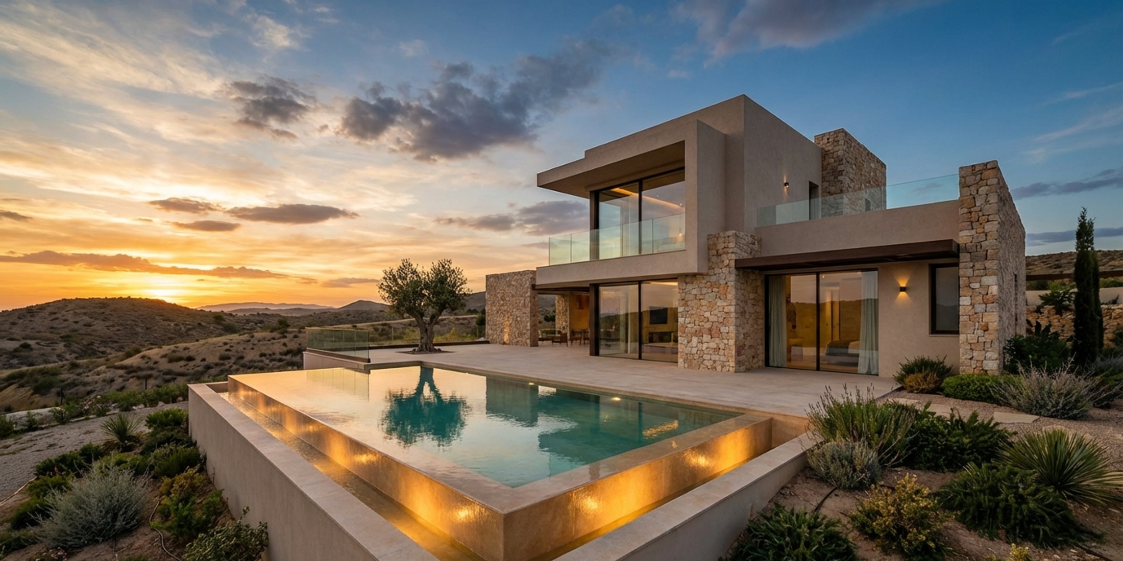 Modern villa in Murcia with pool at sunset