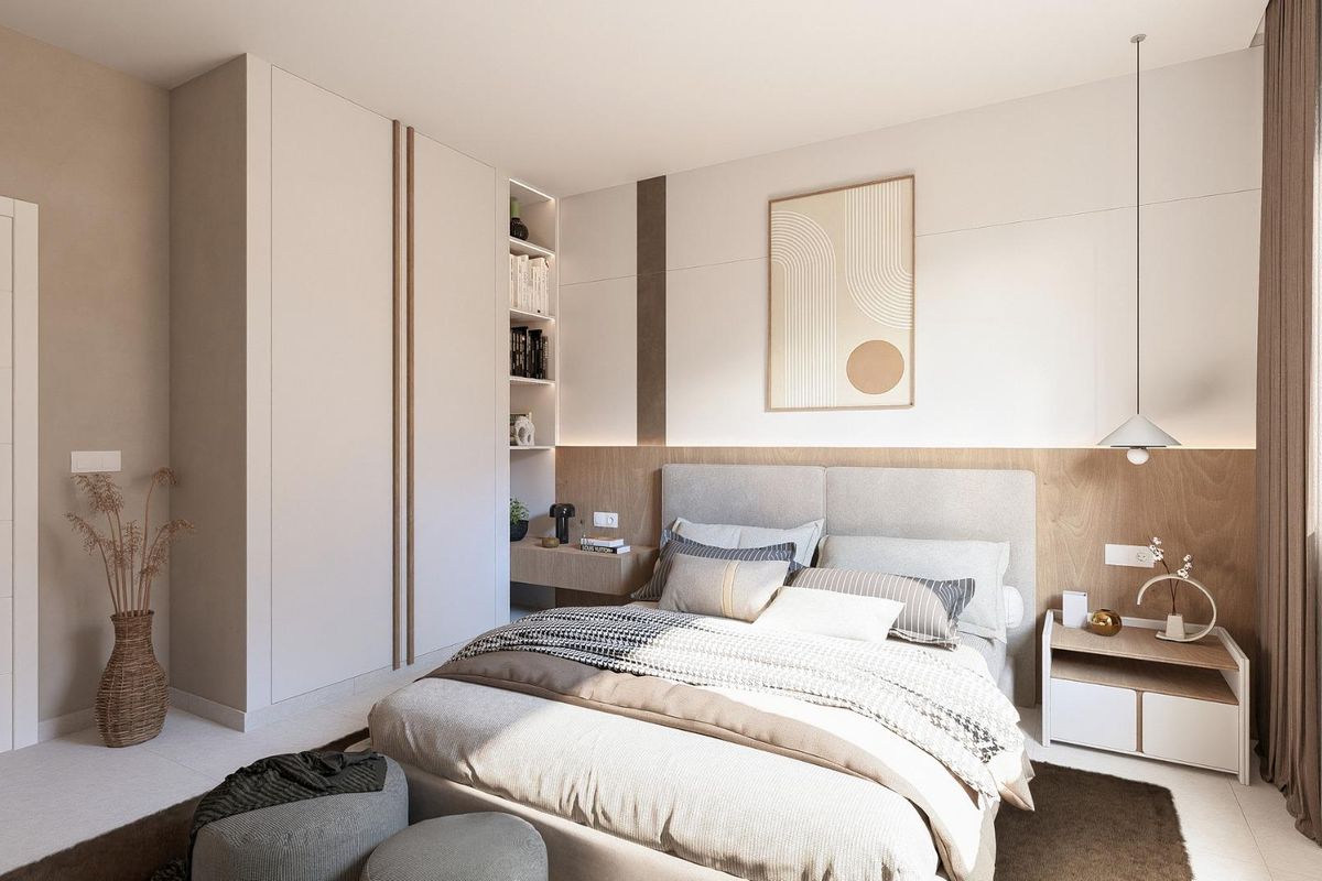 Stijlvolle slaapkamer in een 3-slaapkamer villa in Baños y Mendigo, met modern design en natuurlijk licht.