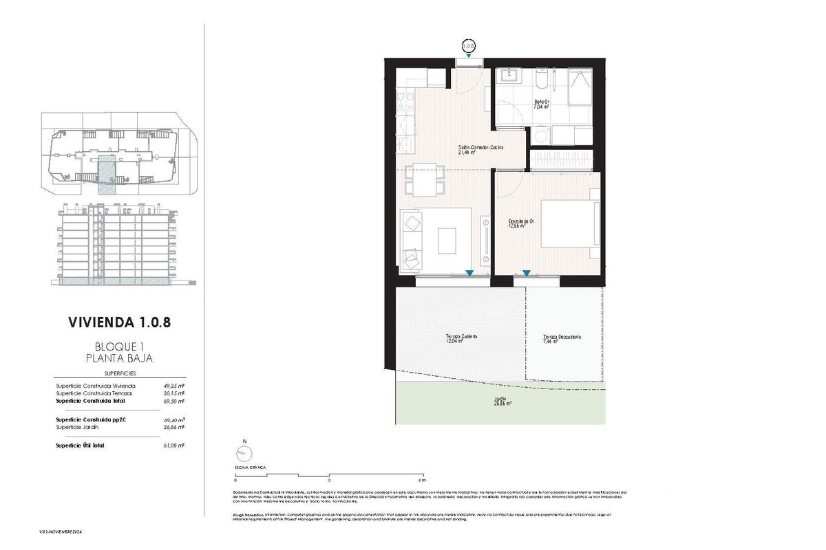 Plattegrond van een 1-slaapkamer appartement op de begane grond, met indeling in het Costa Blanca gebied van Villajoyosa.