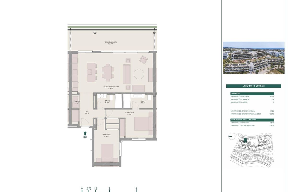 Gedetailleerde plattegrond van een modern 2-slaapkamer appartement in Estepona, Costa del Sol, met slimme indeling.