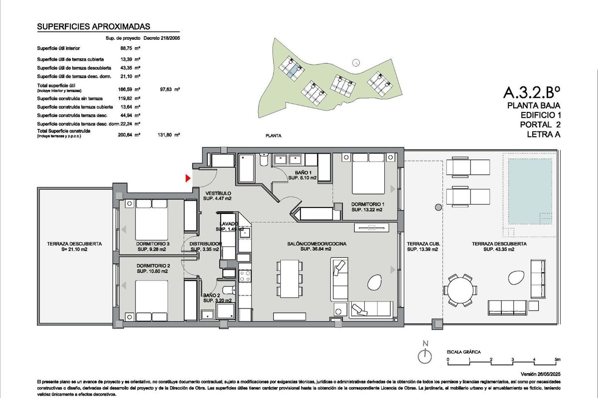 Plattegrond van 3-slaapkamer benedenverdieping appartement in Mijas, met kamerindeling en terrasruimtes