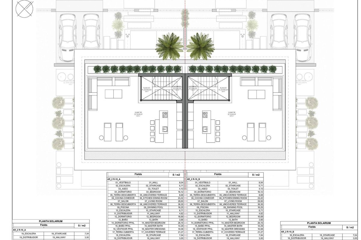 Indeling van de solarum van een townhouse in Ojen, met terrassen voor ontspanning en buiten samenkomst.