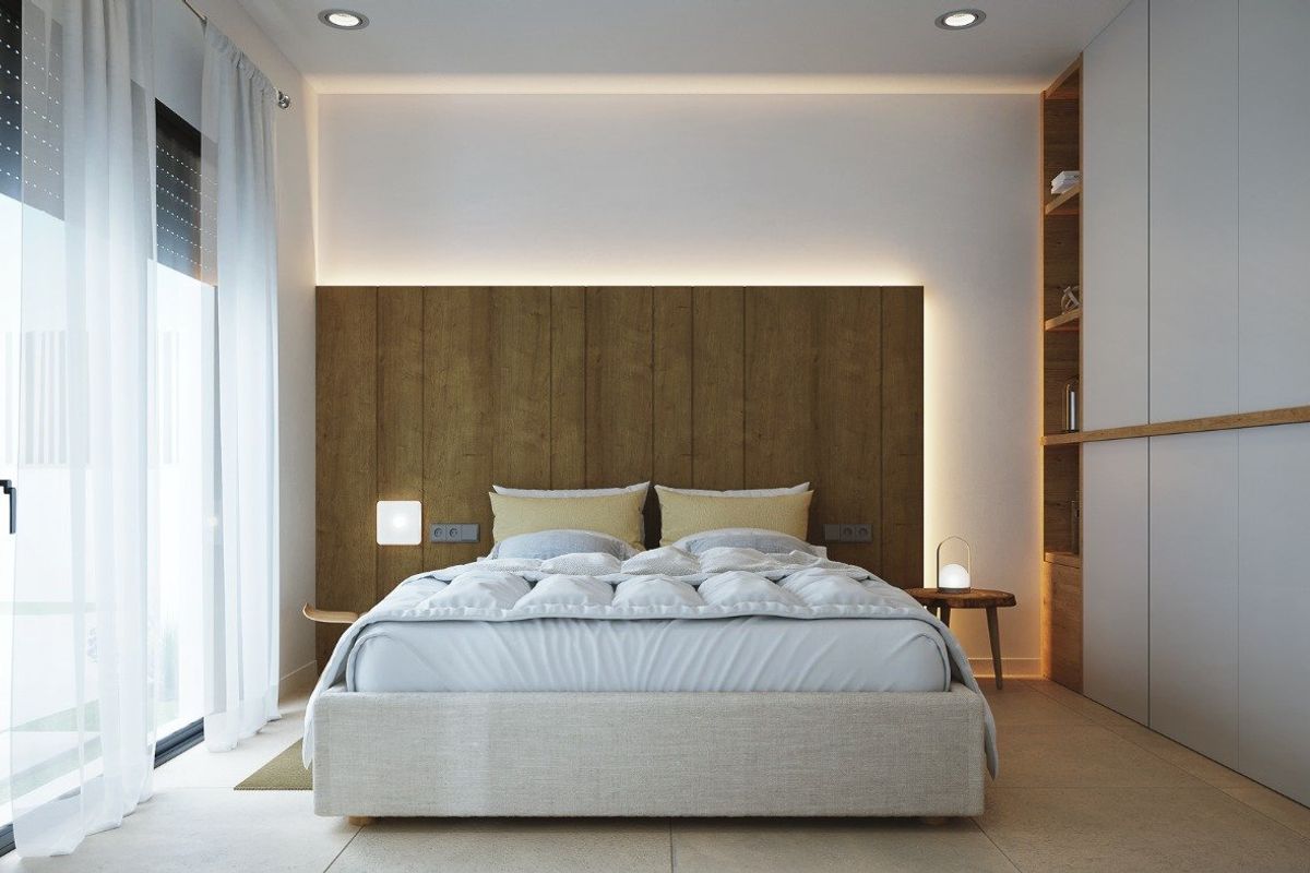 Elegant slaapkamer met een modern ontwerp en een warme houten achtergrond in Baños y Mendigo.