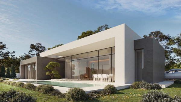 Moderne 3-slaapkamer villa buitenkant in Calpe, met een schilderachtige tuin en uitnodigend zwembad.