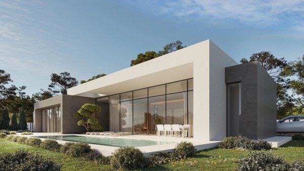 Moderne 3-slaapkamer villa buitenkant in Calpe, met een schilderachtige tuin en uitnodigend zwembad.