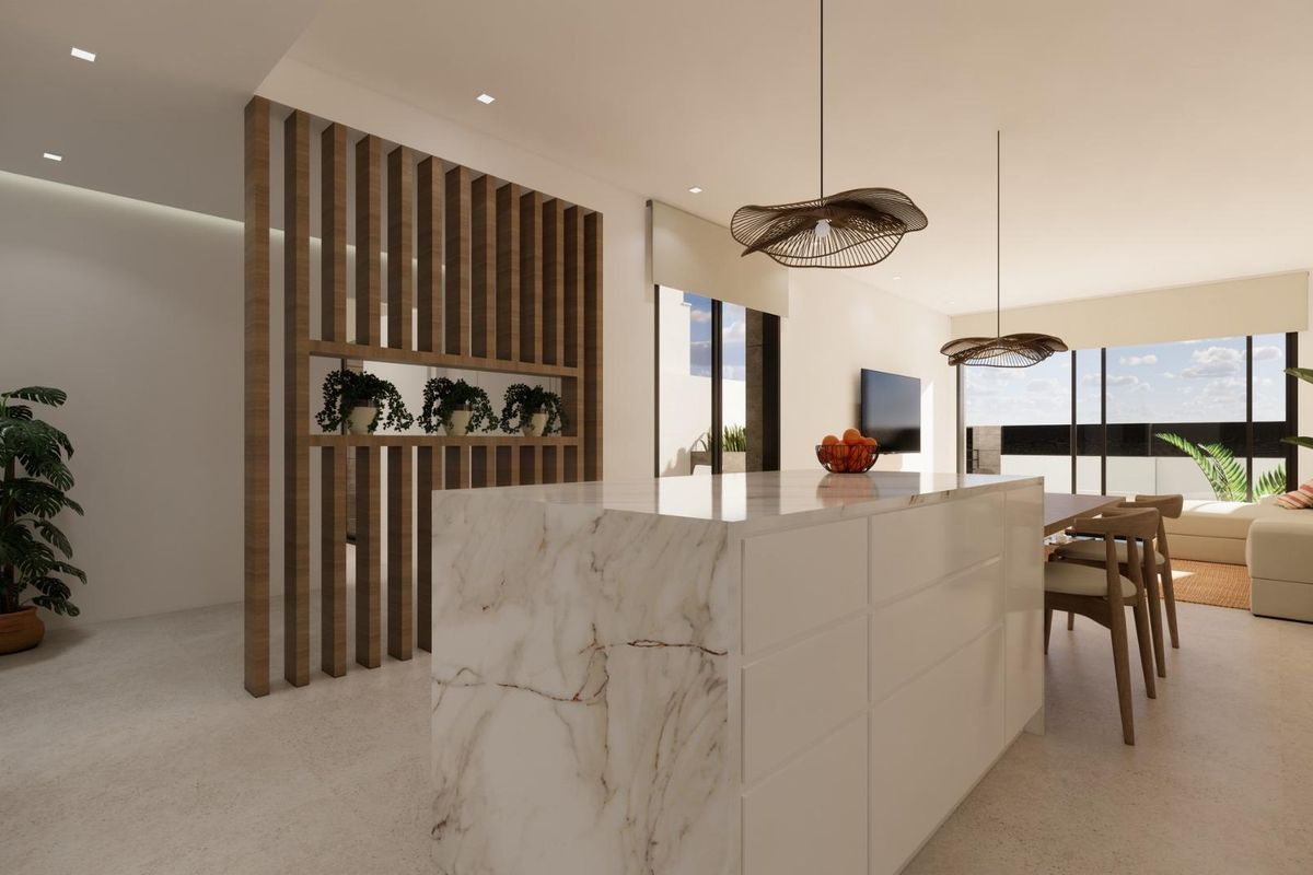 Stijlvolle keuken met een open indeling, met eet- en woongedeelten in een huis in Dolores, Costa Blanca Zuid.