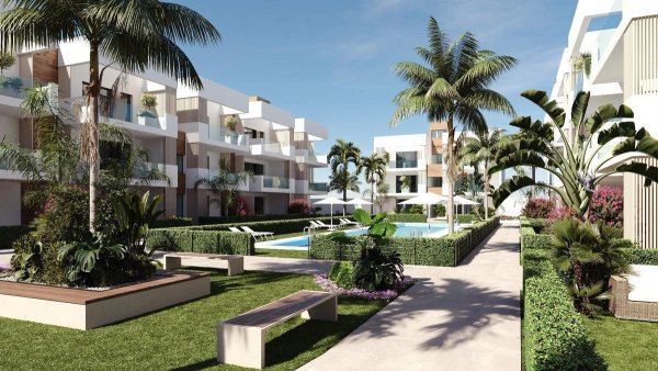 Modern 3-slaapkamer appartement complex met weelderig groen en een zwembad in San Pedro del Pinatar, Costa Calida.