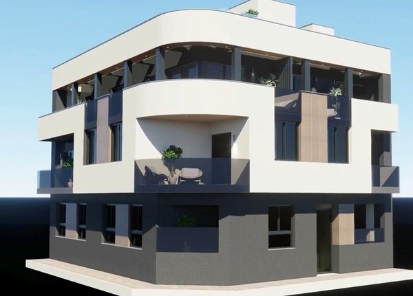 Moderne 2-slaapkamer appartement exterieur in Torrevieja met een strak ontwerp en meerdere balkons.