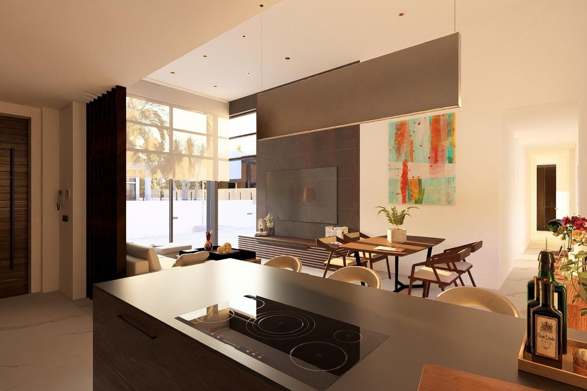 Een ander uitzicht op de stijlvolle keuken in de 3-slaapkamer villa in Ciudad Quesada, met eetruimte.