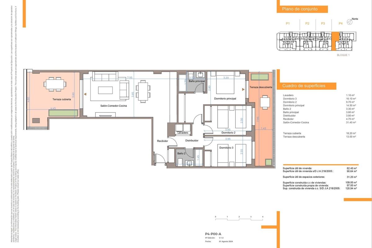 Plattegrond van een 3-slaapkamer appartement in Benalmádena, met indeling en afmetingen.