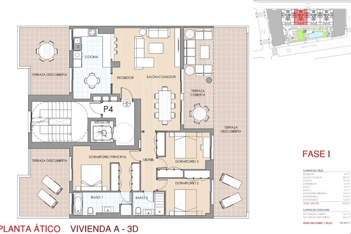 Floor plan of a spacious 3-bed penthouse in Aguilas, featuring kitchen, living area, and terraces.