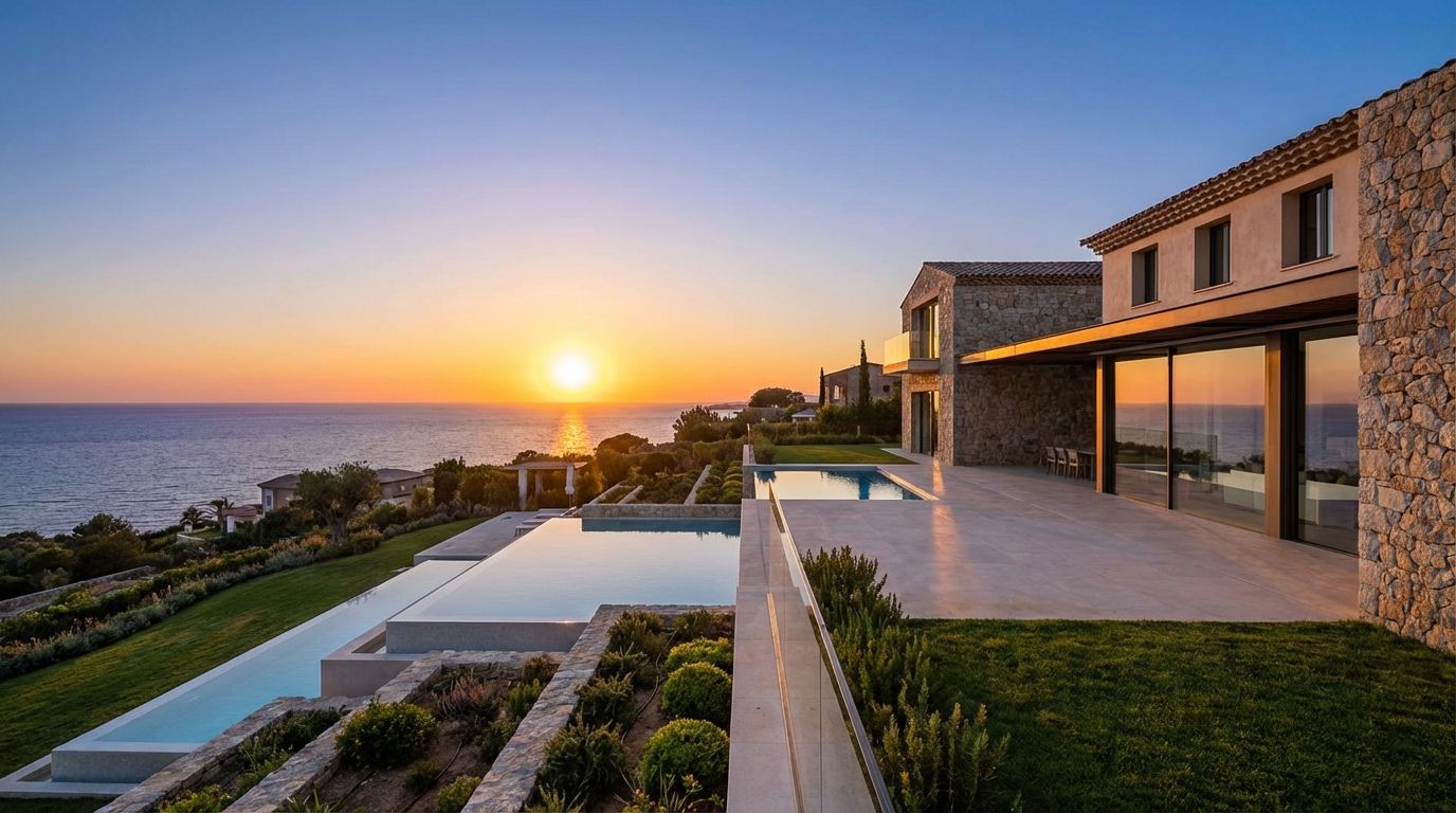Luxe moderne villa met uitzicht op de Middellandse Zee bij zonsondergang
