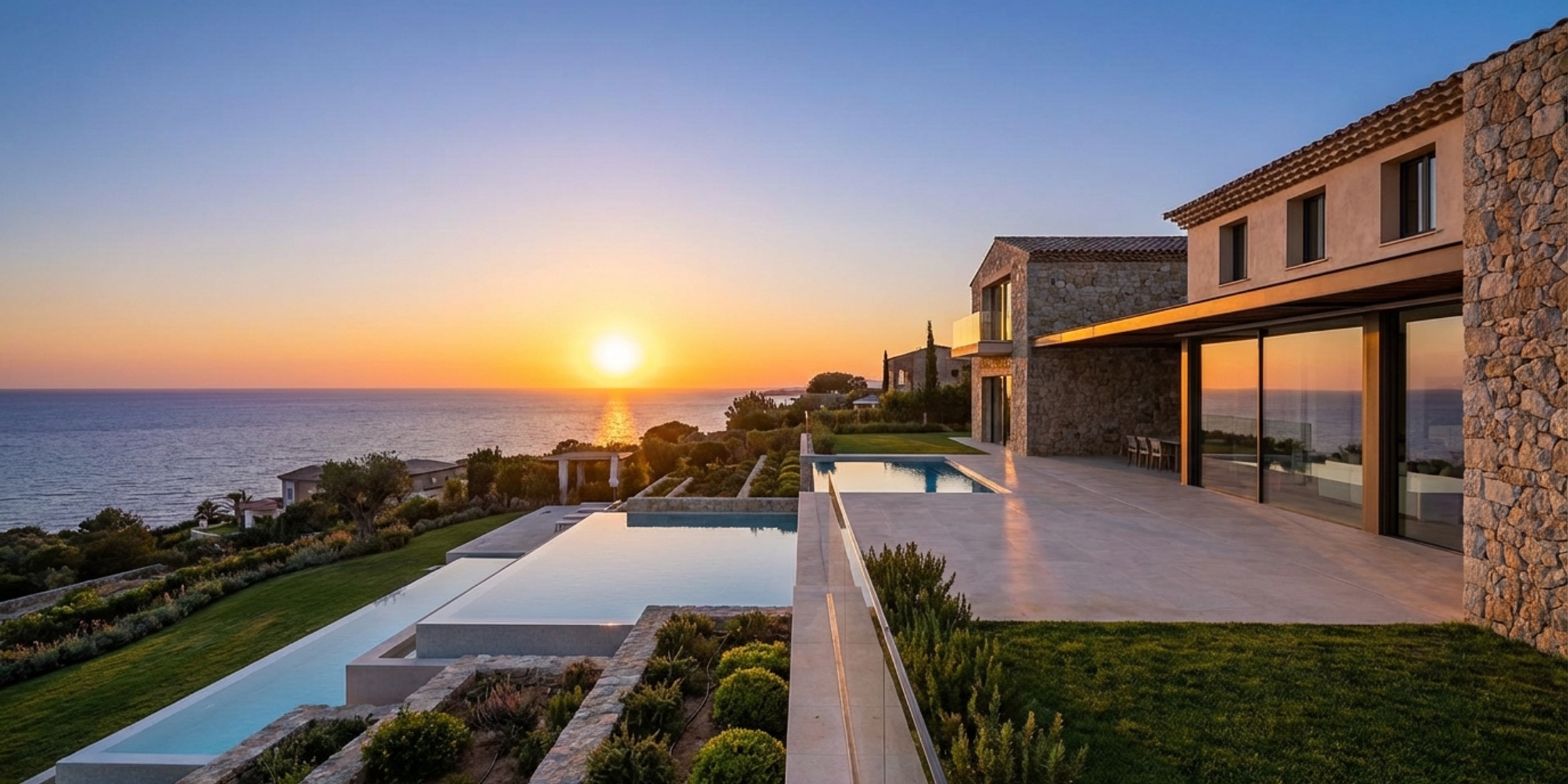 Luxe moderne villa met uitzicht op de Middellandse Zee bij zonsondergang