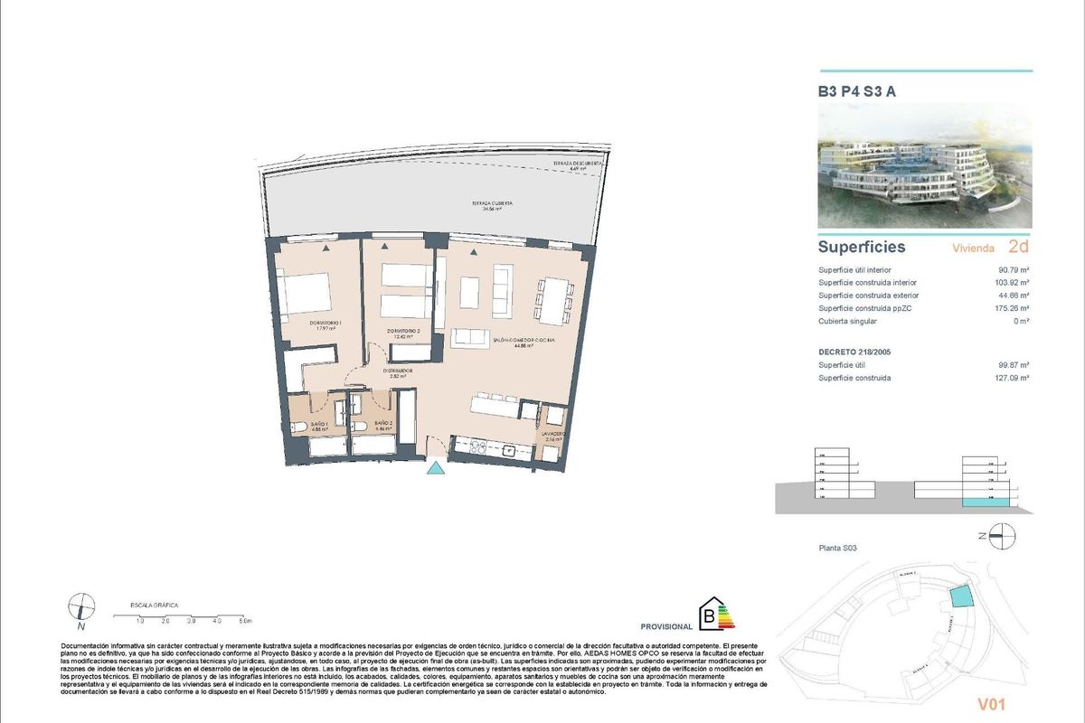 Plattegrond van een appartement op de begane grond met 2 slaapkamers in Estepona, Costa del Sol, met lay-out en afmetingen.