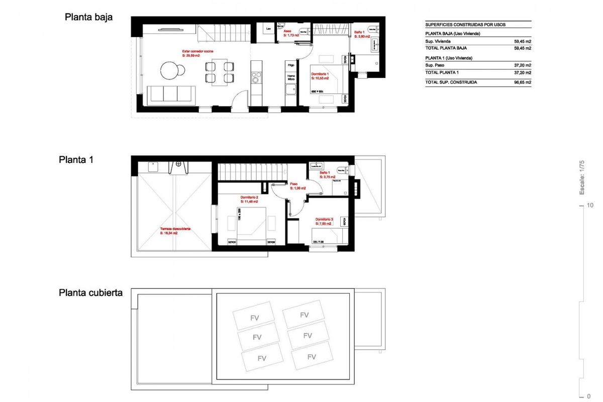 Gedetailleerde plattegrond van een moderne woning in Daya Nueva, met indeling en kamerverdeling over de verdiepingen.