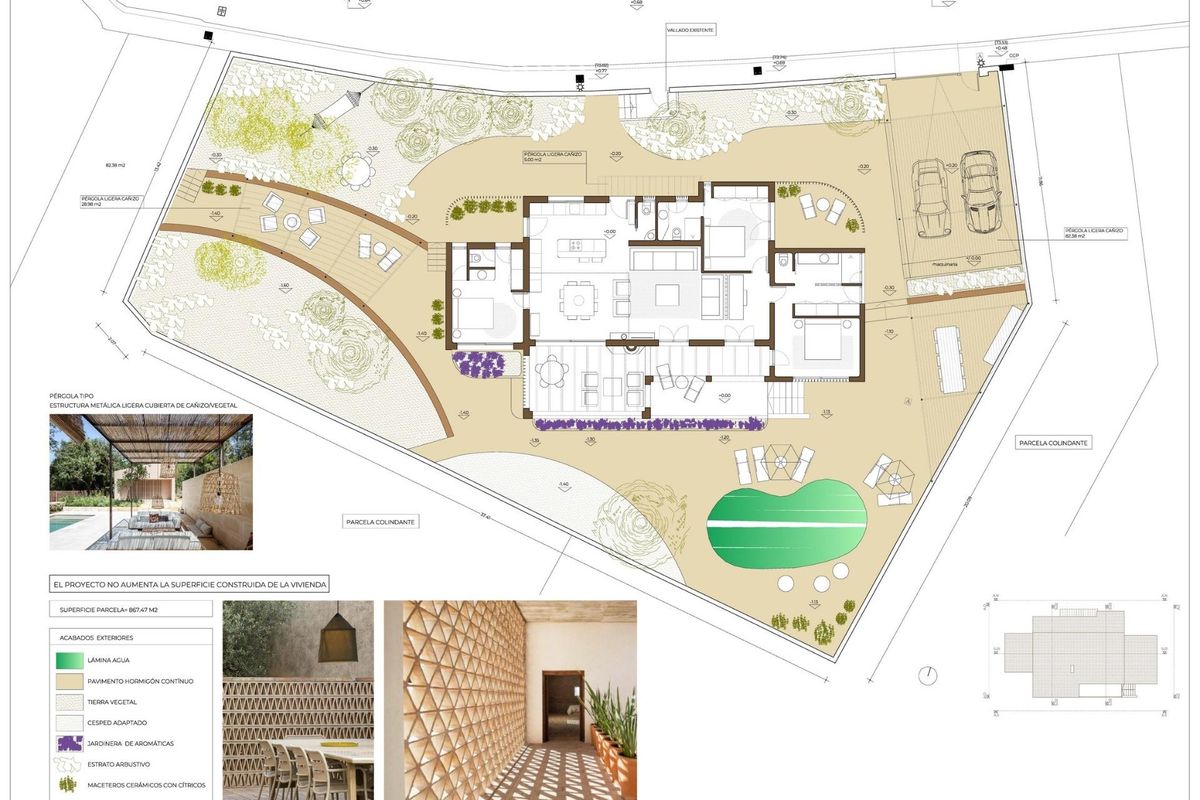 Gedetailleerde plattegrond van de 3-slaapkamer villa, met indeling en tuin in Benissa.