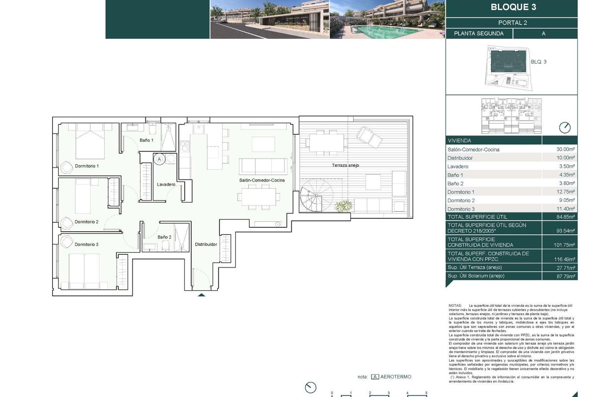 Gedetailleerde plattegrond van de 3-slaapkamer penthouse, die indeling en ruimtes toont.