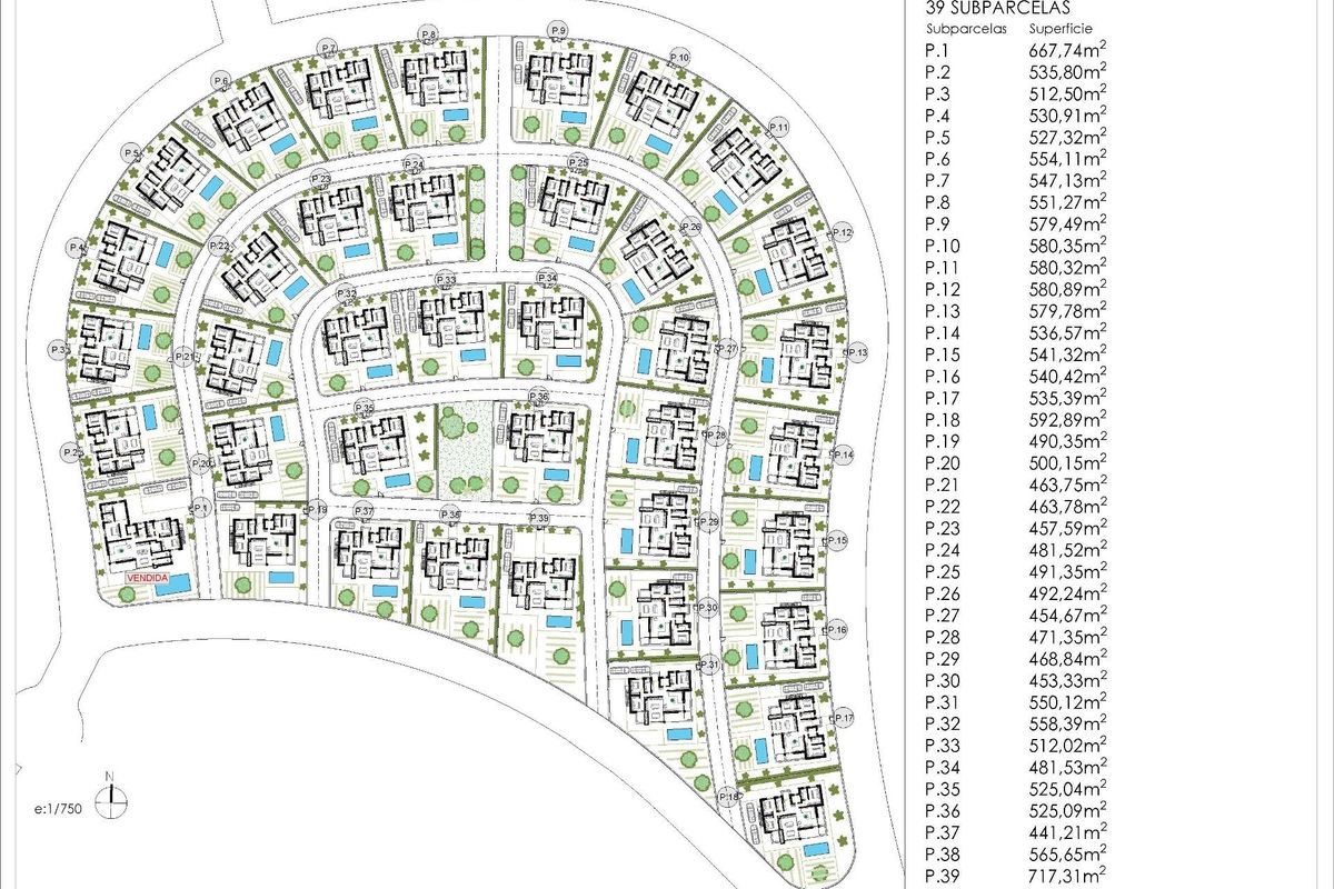 Hoofdplan voor de villa gemeenschap in Fuente Álamo, met meerdere 3-slaapkamer woningen en tuinen.