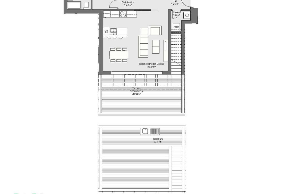 Plattegrond van een stijlvolle 3-slaapkamer penthouse in Torremolinos, met ruime woon- en buitenruimtes.