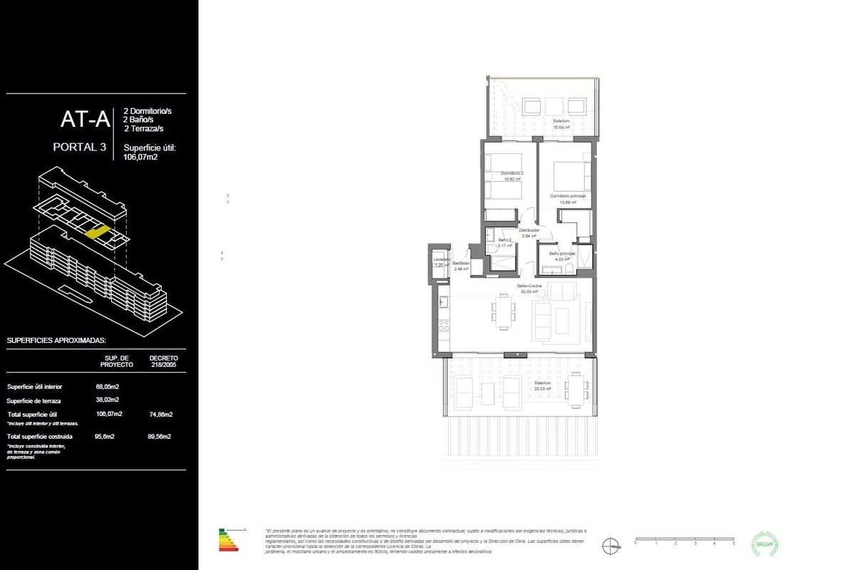 Gedetailleerde plattegrond van een 2-kamer penthouse in Torremolinos, met ruime kamers en indeling.