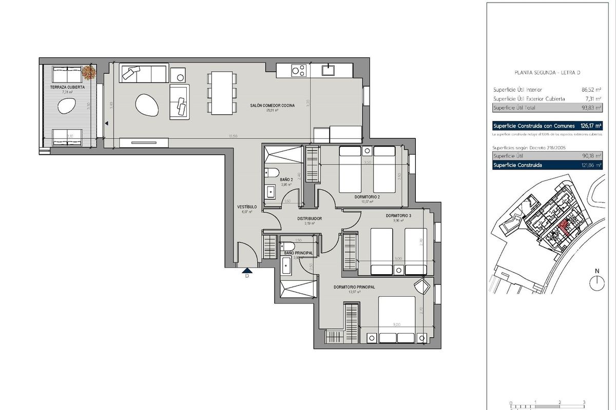 Plattegrond van een 3-slaapkamer appartement in Manilva, Costa del Sol, met indeling en ontwerp.