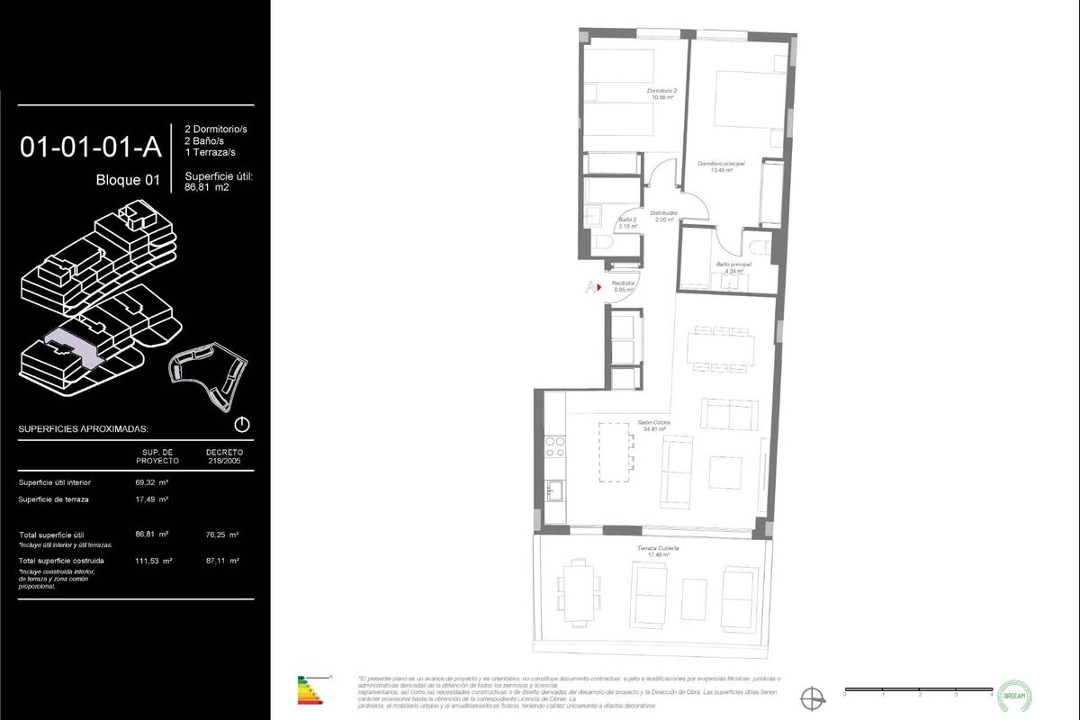 Vloerplan van een 2-slaapkamer appartement in Mijas, met een overzicht van de woonruimtes en indeling.