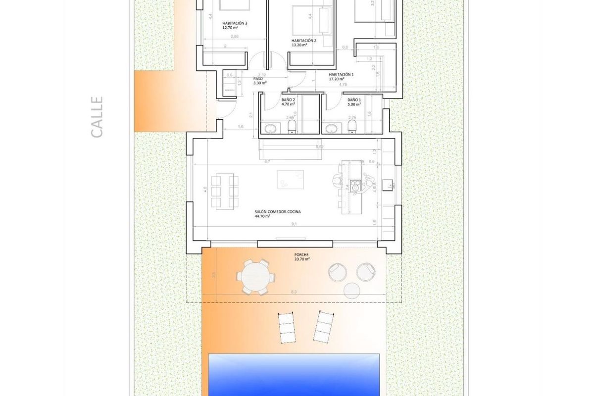 Gedetailleerde plattegrond van een 3-slaapkamer villa in Monforte del Cid, die de indeling en woonruimtes toont.