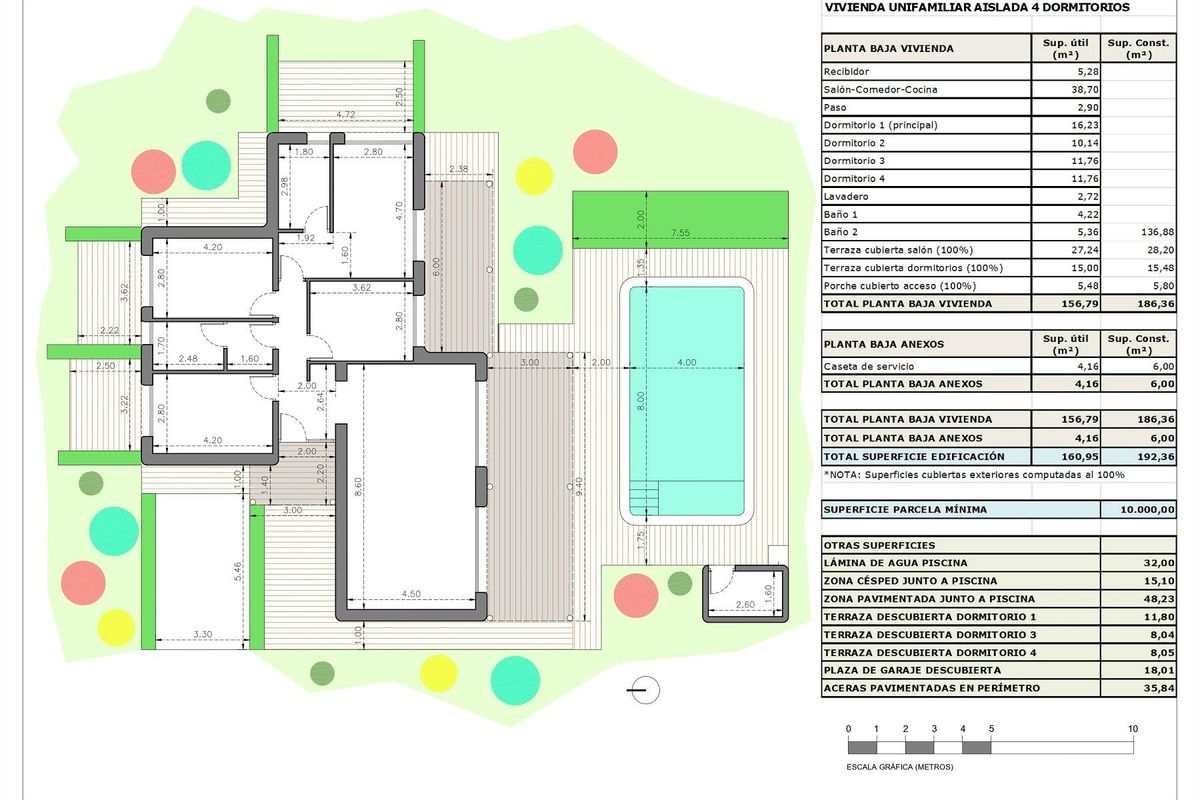 Tweede plattegrond van een 4-slaapkamer villa in Pinoso, met details over kamerindelingen en zwembadtoegang.