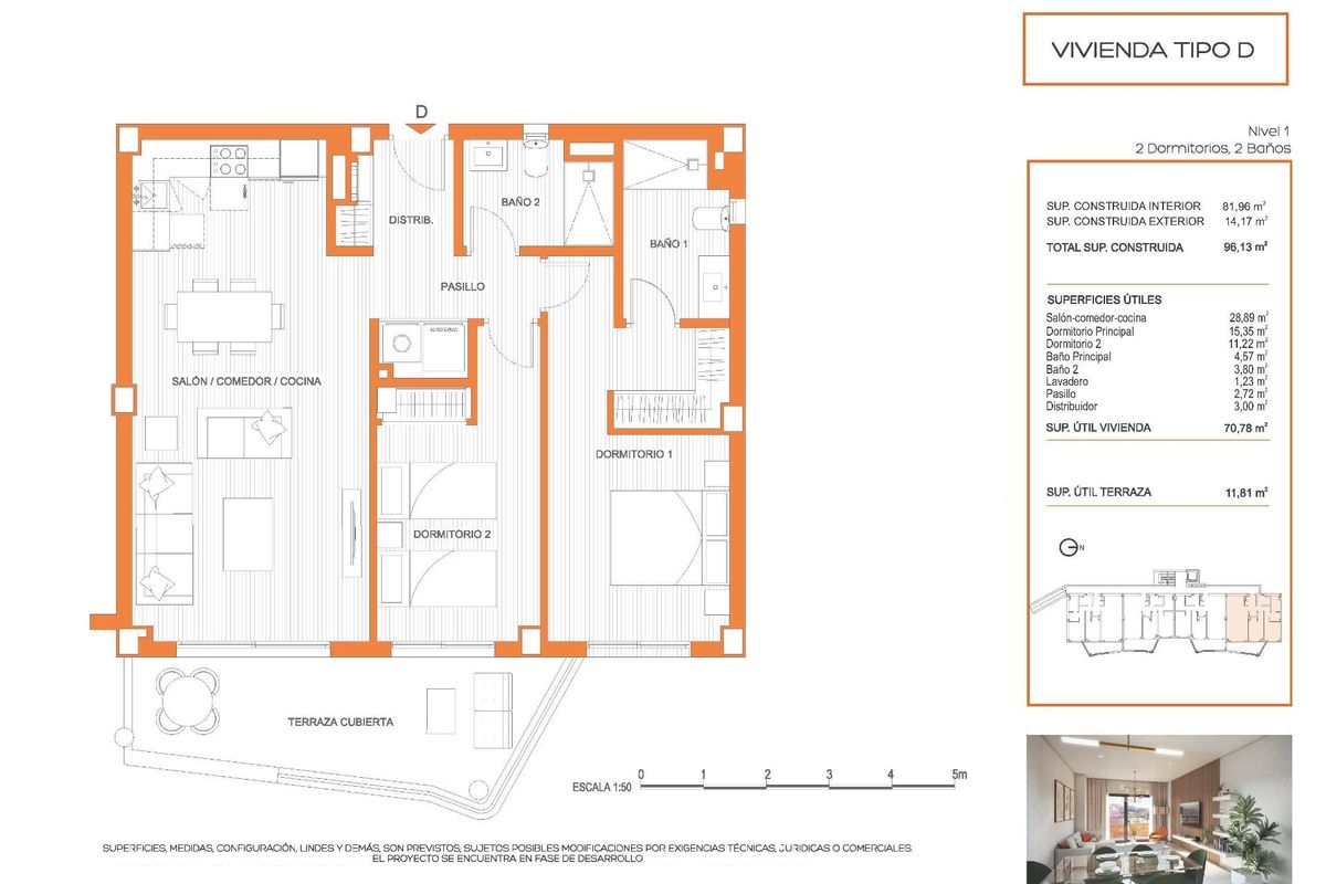 Plattegrond van een 2-slaapkamer appartement in Fuengirola, Costa del Sol, met details over indeling en kamergrootte.