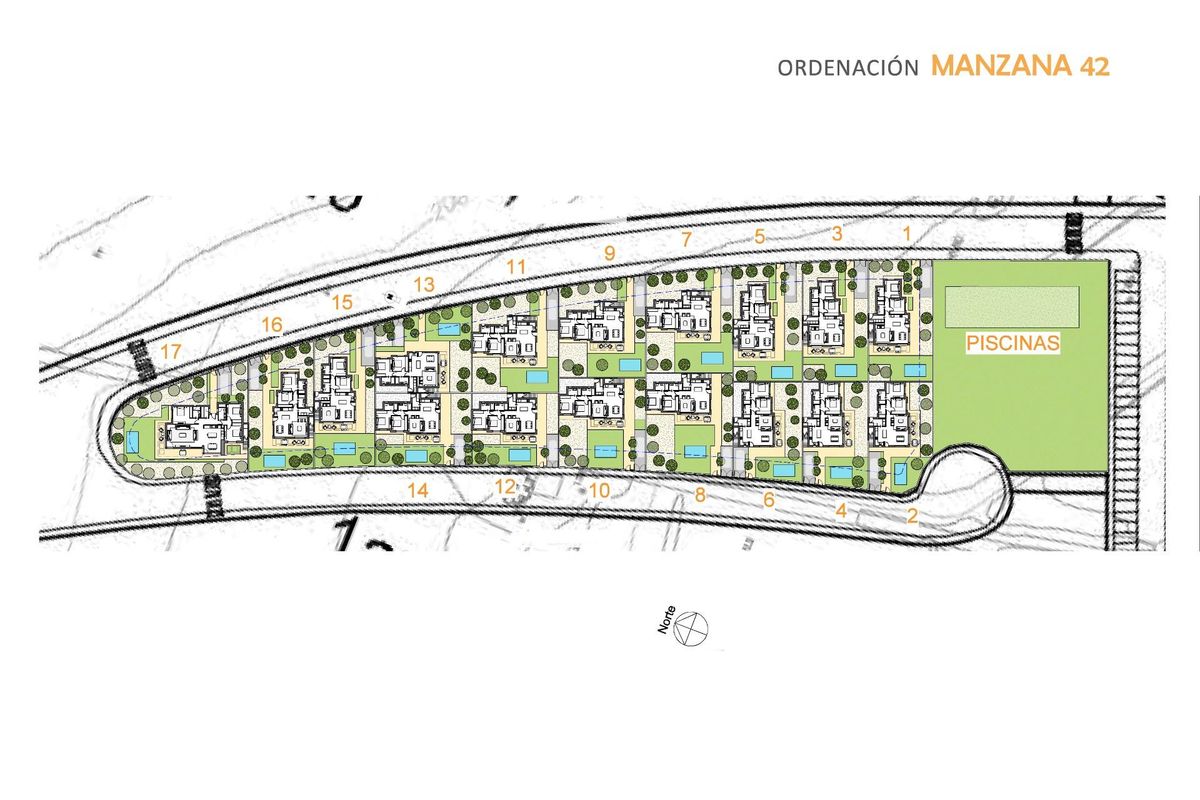 Situatieplan van een gemeenschap in Fuente Álamo met meerdere villa's en aangelegde tuinen.