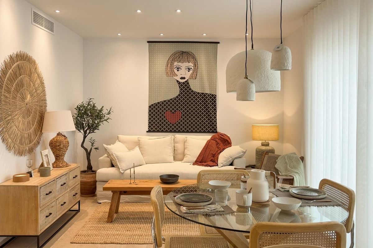Gezellige woonkamer in de bungalow met moderne decoratie en een eethoek, gelegen in Algorfa.
