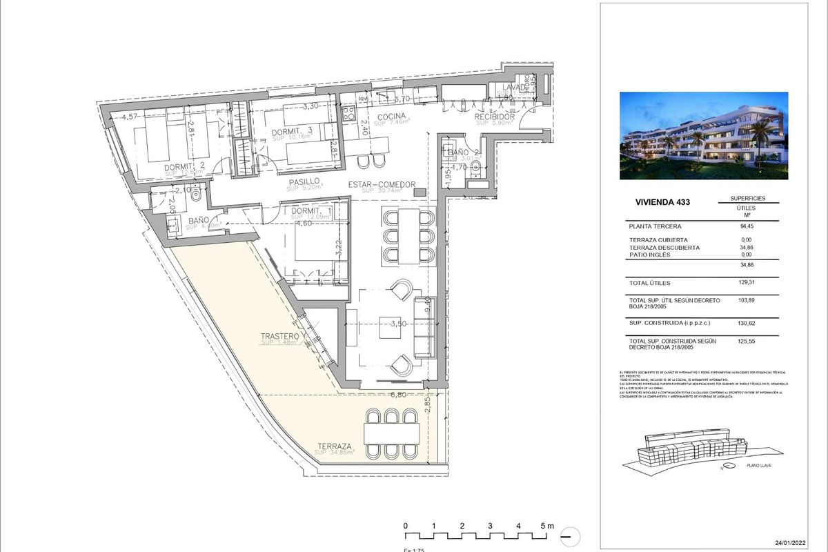 Plattegrond van een 3-slaapkamer appartement in Marbella, met details over de indeling van de kamers en ruime terrassen.