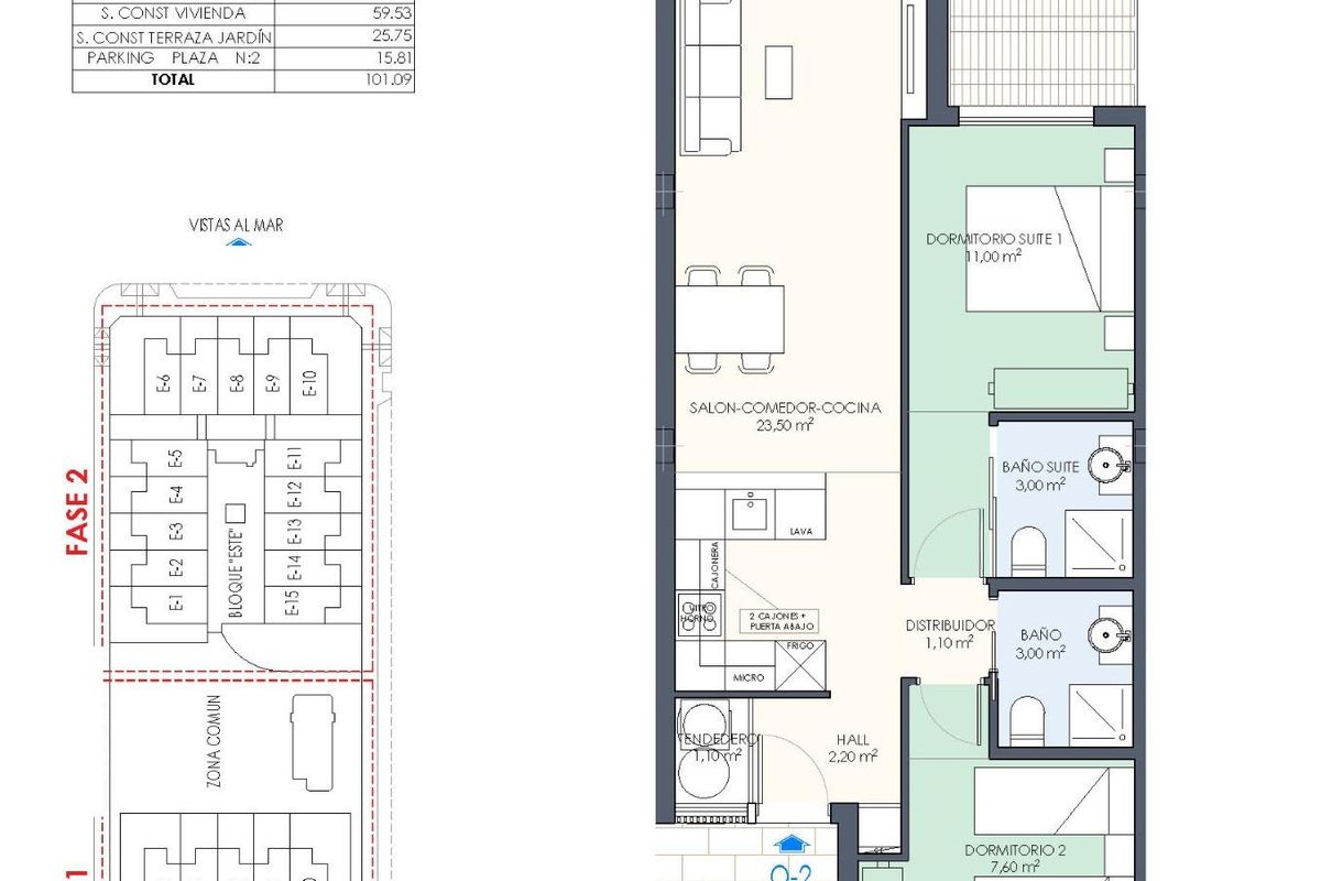 Plattegrond van een twee-slaapkamer appartement op de begane grond in Pilar de La Horadada, met details van kamers.