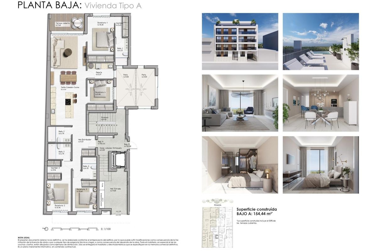 Plattegrond van een gelijkvloers 4-slaapkamer appartement in Guardamar del Segura, Costa Blanca Zuid, met indeling en ontwerp.