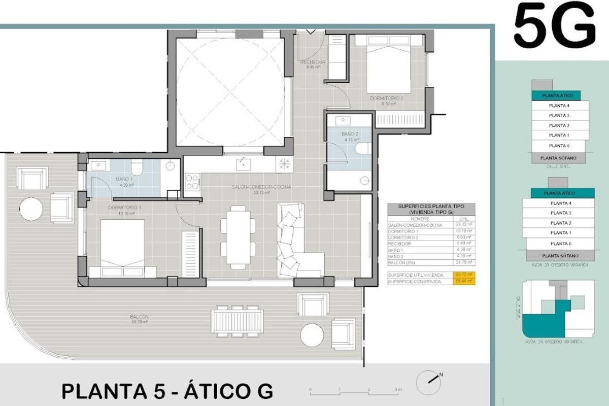 Penthouse plattegrond met twee slaapkamers en een woonruimte in Torrevieja, Costa Blanca Zuid, Spanje.