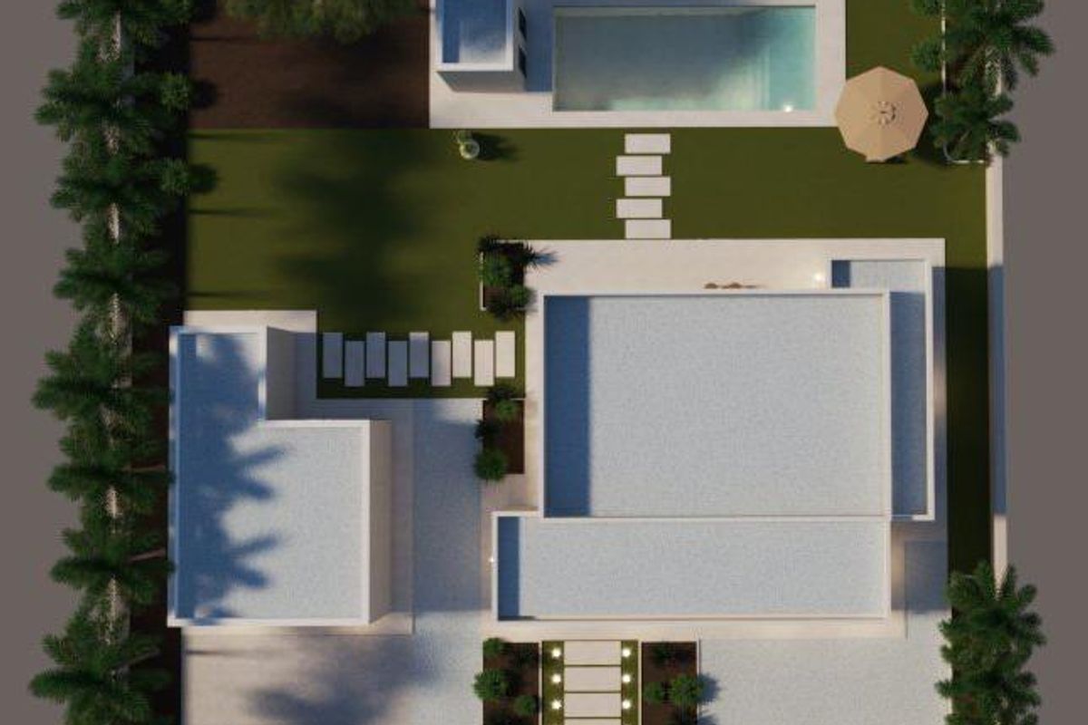 Aerial view of the outdoor space with pool and garden in a 3-bed villa in Pinoso.