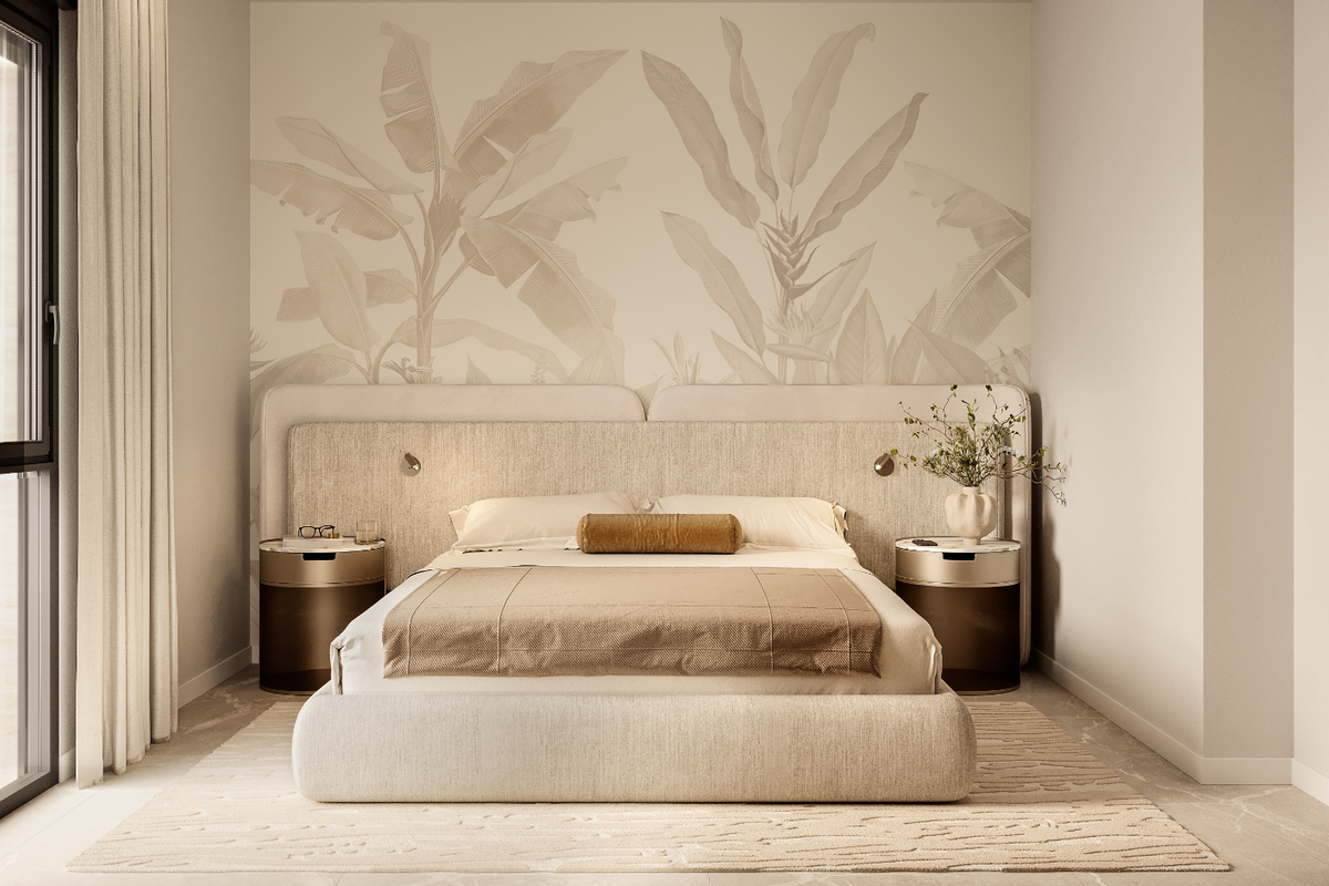 Gezellige hoofdslaapkamer met elegante designelementen en natuurlijke elementen, gelegen in de penthouse van Finestrat.